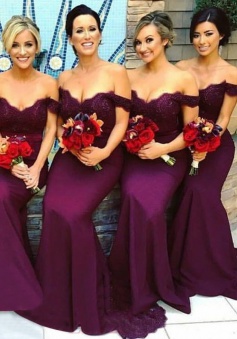 Mermaid Off-the-Shoulder Grape Elastic Satin Bridesmaid Dress with Lace