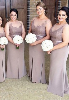 Sheath Illusion Bateau Light Gray Bridesmaid Dress with Appliques