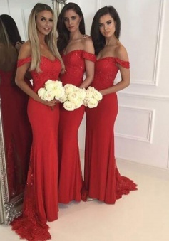 Mermaid Off-the-Shoulder Red Spandex Bridesmaid Dress with Sequins Appliques