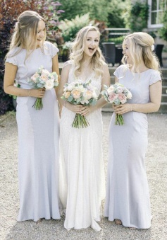 Sheath Bateau Cap Sleeves Light Gray Bridesmaid Dress with Lace