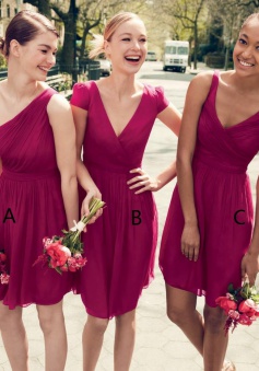 A-Line One Shoulder Short Pleated Dark Fuchsia Chiffon Bridesmaid Dress