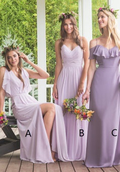 A-Line V-Neck Lavender Chiffon Bridesmaid Dress with Ruffles Split