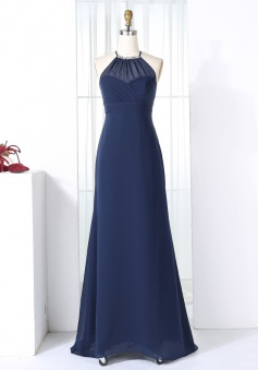 Sheath Round Neck Open Back Navy Blue Chiffon Beaded Bridesmaid Dress