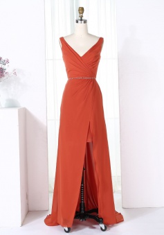 Sheath V-Neck Sweep Train Red Chiffon Bridesmaid Dress with Split