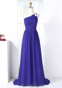 A-Line One Shoulder Sweep Train Royal Blue Chiffon Bridesmaid Dress