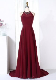 A-Line Halter Sweep Train Burgundy Chiffon Bridesmaid Dress with Beading