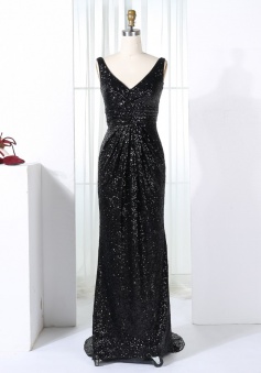 Sheath V-Neck Sweep Train Black Ruched Sequined Bridesmaid Dress