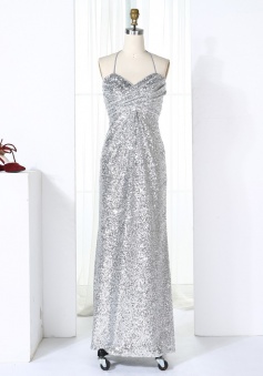 Sheath Halter Floor-Length Silver Ruched Sequined Bridesmaid Dress
