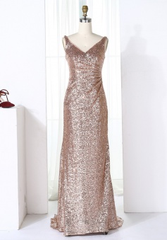 Sheath V-Neck Sweep Train Ruched Champagne Sequined Bridesmaid Dress