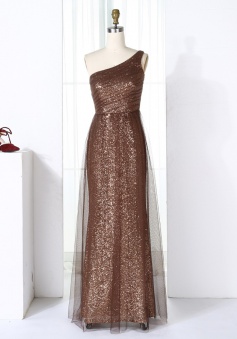 Sheath One Shoulder Long Brown Tulle Sequined Bridesmaid Dress