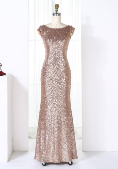 Sheath Bateau Cap Sleeves Backless Champagne Sequined Bridesmaid Dress