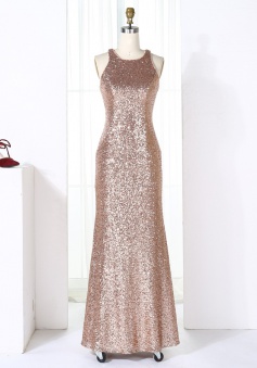 Sheath Jewel Open Back Long Champagne Sequined Bridesmaid Dress