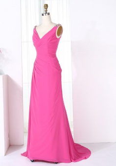 Sheath V-Neck Sweep Train Fuchsia Chiffon Bridesmaid Dress with Beading