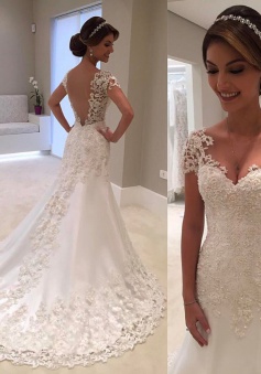 Gorgeous Lace Short Sleeves Bride Dresses 2018 Mermaid Wedding Dress