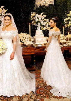 Button Zipper Lace Bride Dress Beautiful Long Sleeve Wedding Dress