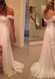 Chiffon Wedding Lace Split Long Off-the-Shoulder Dress Zipper BA4760