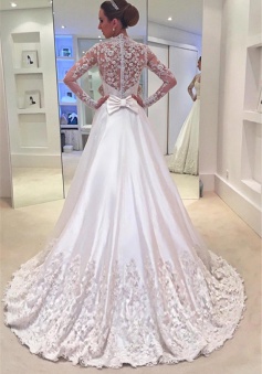 Appliques Sweep Train Long Sleeves Bride Dress Bowknot A-Line 2018 Wedding Dress