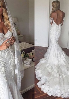 Off The Shoulder Elegant Mermaid Wedding Dress Tulle Backless Appliques 2018 Bride Dress