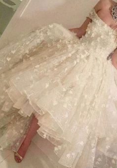 Romantic Off The Shoulder Wedding Dresses 2018 3D Floral Appliques Hi-Lo Prom Dresses BA5588