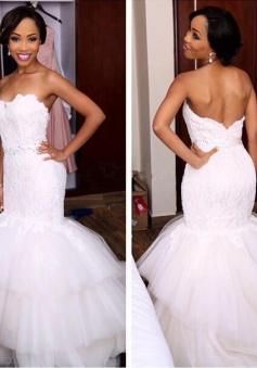 Newest Sweetheart Tiered Mermaid Tulle Appliques Crystal Wedding Dress