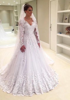 V-Neck Appliques Long-Sleeves Elegant Tulle A-Line Beadings Wedding Dress