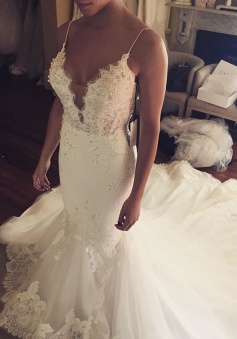 Appliques Spaghetti-Straps Sexy Tulle Mermaid Wedding Dress