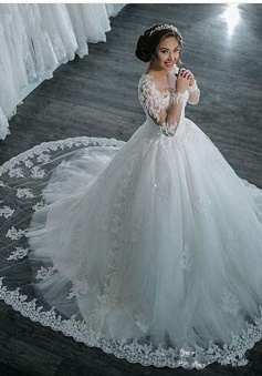 Long Sleeves Beaded Sheer Ball Gown Wedding Dress 2018 Lace Bridal Dresses BA4150