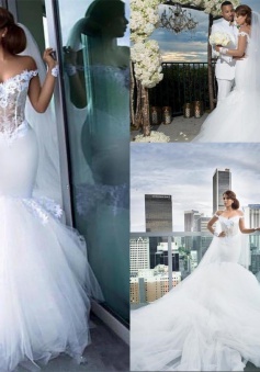 Mermaid Tulle Elegant Appliques Off-the-Shoulder Long-Sleeves Wedding Dress BA4387