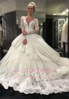 Delicate Lace Appliques Long Sleeve Wedding Dresses 2018 Tiered Ball Gown Bridal Dress