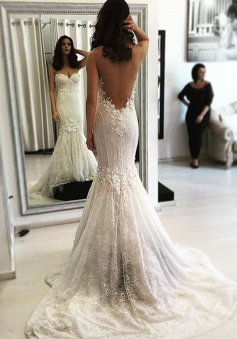 Sexy Backless Sweep-Train Mermaid Lace Sweetheart Wedding Dresses