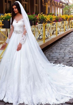 Elegant Princess Crystal Lace Long-Sleeve Wedding Dresses