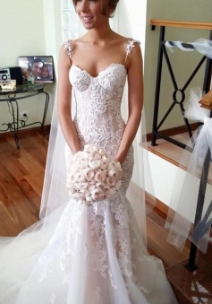 Long Applique Sleeveless Mermaid Spaghetti-Strap Tulle Wedding Dresses