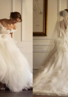 Off-the-shoulder A-line Sweep-Train Flowers Modern Tulle Ruffles Wedding Dress