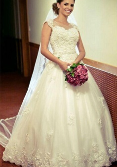 Appliques Princess Cap-Sleeve Lace Gown Ball Crystal-Belt Jewel Tulle Wedding Dress