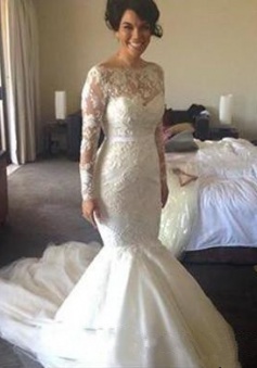 Gorgeous Mermaid Long Sleeve Lace Wedding Dresses 2018 Sheer Buttons Back Tulle Bottom Bridal Gowns