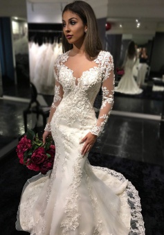 Charming Long Sleeves Mermaid Bridal Dresses 2018 Tulle Appliques Mermaid Sheer Back Wedding Dress