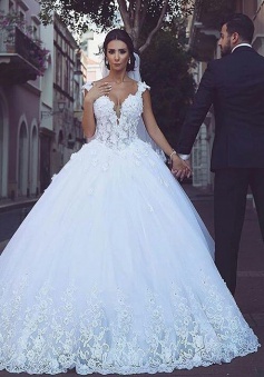 Elegant Tulle V-Neck Sleeveless Appliques Ball Wedding Dress