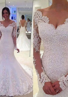 Elegant Off-the-Shoulder Long Sleeves Bridal Gowns Lace Mermaid Wedding Dresses 2018 BA3742