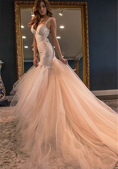 Champagne Tulle Wedding Dresses 2018 Spaghetti Straps Lace Sheer Back Bridal Dress
