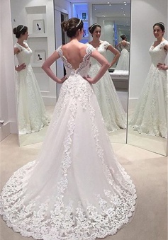 Elegant A-line Lace Bride Dress 2018 V-neck Open Back Long Train Wedding Dress Cheap