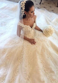 Gorgeous Off the Shoulder Princess Dress Latest Chapel Train Lace Wedding Dresses