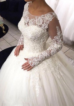 Long Sleeve Lace Ball Gown Wedding Dress Tulle Sweep Train 2018 Bridal Gowns