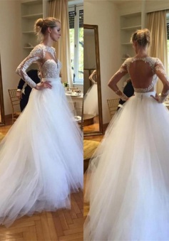 A-Line Long Sleeve Open Back Wedding Dress Gorgeous Lace Applique Tulle Bridal Gowns