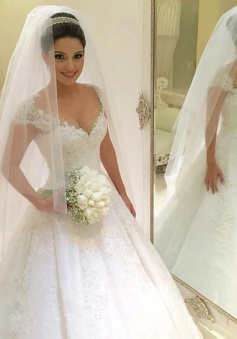 Gorgeous Tulle Crystal Wedding Dresses 2018 Lace Short Sleeve Bridal Gowns