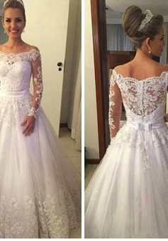 Off the Shoulder Long Sleeve 2018 Wedding Dress A-Line Lace Bridal Gowns