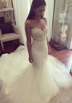 Pretty Spaghetti Straps Sweetheart Wedding Dress 2018 Summer Sheath Tulle Bridal Gown