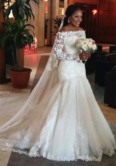 2018 Lace Long Sleeve Mermaid Wedding Dresses Off The Shoulder Bridal Gowns