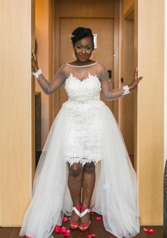 Long Sleeve Sheer Tulle Wedding Dresses Lace Open Back Overskirt Bridal Gowns