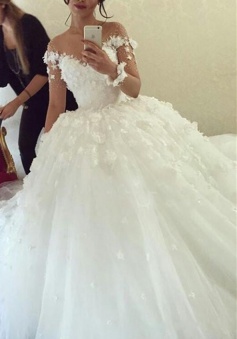 Sheer Long Sleeve Scoop 2018 Ball Gown Wedding Dresses Flowers Tulle Bride Dress with Buttons