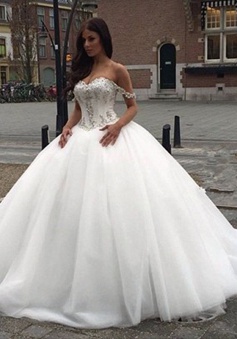 Off The Shoulder Princess Wedding Dress 2018 Sweetheart Crystals Ball Gown Bride Dress